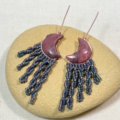 crescent moon bead earrings with twisted bead fringe