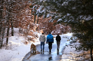 family walking snowy path