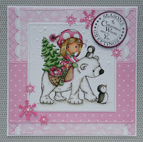 Pink Christmas card with girl on polar bear (image is Winnie Winterland Polar Friends by Polkadoodles)