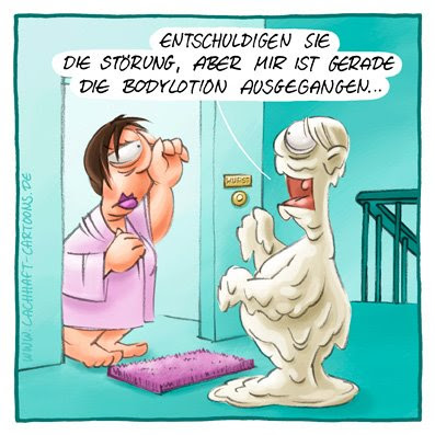 Bodylotion Körperlotion Creme eincremen ekelig peinlich schmierig trockene Haut Feuchtigkeitscreme Eitelkeit eitel Schönheit Männer Frauen Cartoon Cartoons Witze witzig witzige lustige Bildwitze Bilderwitze Comic Zeichnungen lustig Karikatur Karikaturen Illustrationen Michael Mantel lachhaft Spaß Humor