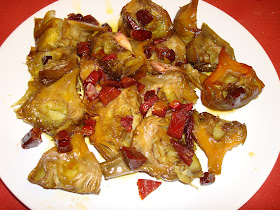 alcachofas jamón confitadas miel aceite huevo