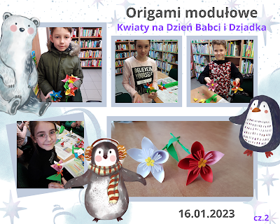 Kolaż 5 zdjęć na których widać efekt pracy-kwiaty z modułów origami oraz ich twórcy