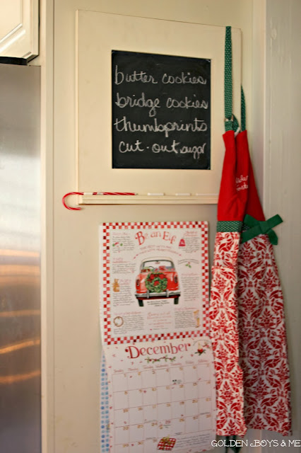 Susan Branch calendar December with Christmas apron and chalkboard cookie list-www.goldenboysandme.com