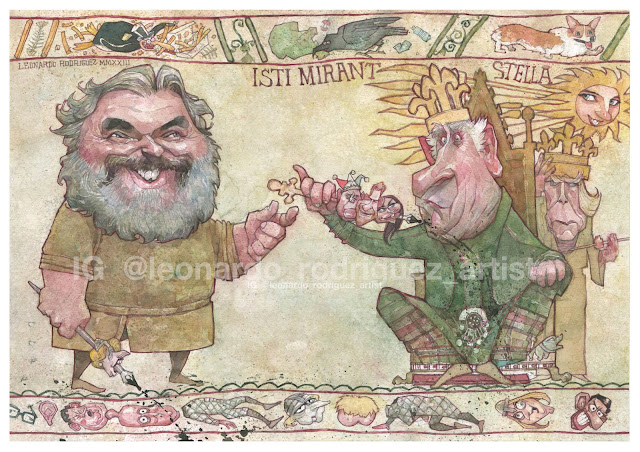 watercolor caricature about Steve bell and Charles III. It's a scene in medieval tapestry as Bayeux tapestry.  A bearded man gives to the king a brochette with Prince Andrew, Harry and Megan heads. at the botton of the images, there are caricatures of Prime ministers as fallen soldiers.