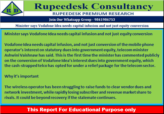 Minister says Vodafone Idea needs capital infusion and not just equity conversion - Rupeedesk Reports - 06.01.2023