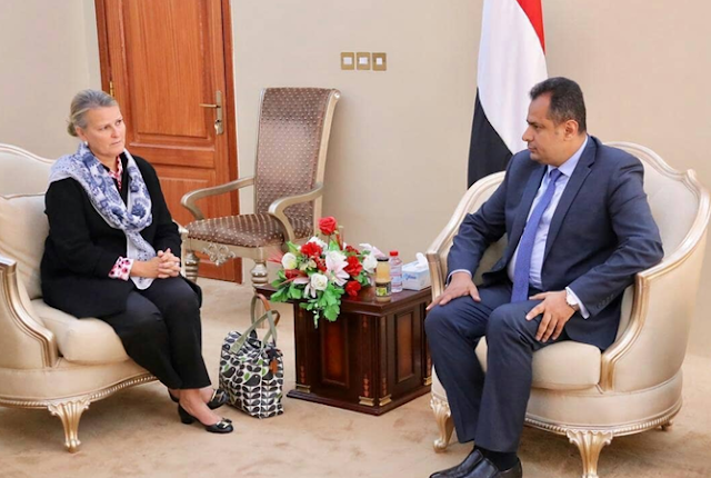Prime Minister Maeen Abdulmalik Saeed met UN humanitarian coordinator Lise Grande and her accompanying delegation in Aden.