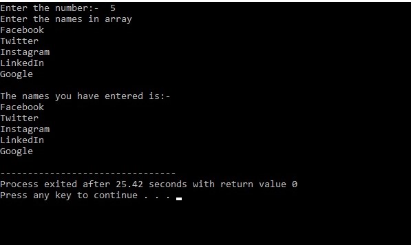 C program to display entered names using array