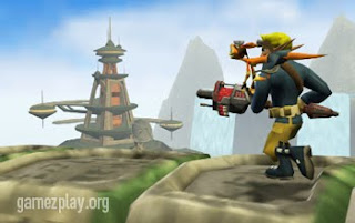 player with ray gun running over rocks