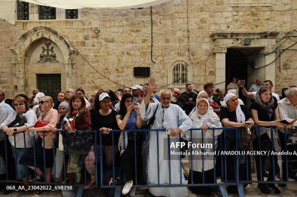 Christians including Egyptian Christians waiting for their turn to enter   the Church of the Holy Sepulchre