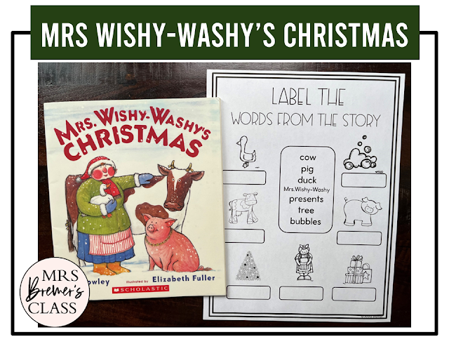 Mrs Wishy-Washy's Christmas book activities unit with literacy printables, reading companion activities, lesson ideas, and a craft for Kindergarten and First Grade