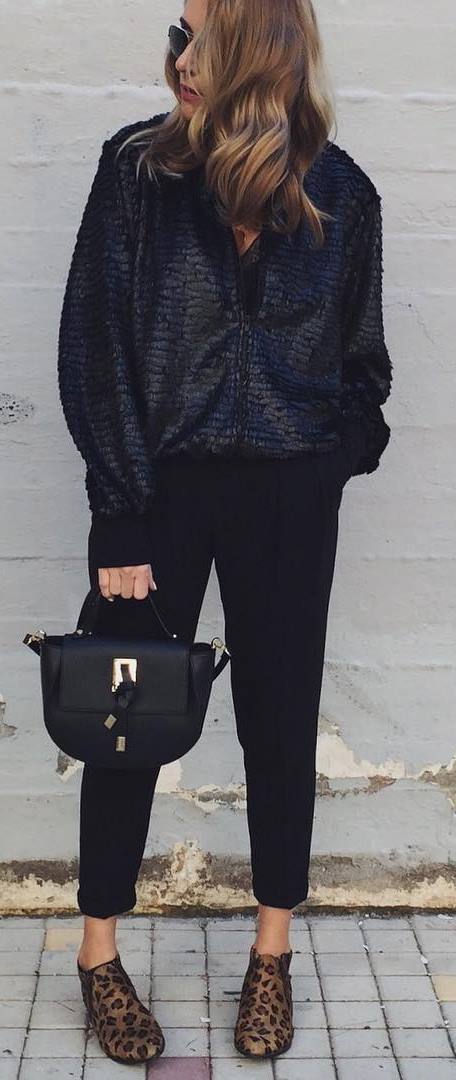 black on black | bomber + pants + bag + animal prited loafers