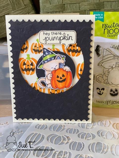Hey there pumpkin by Sue features Newton’s Perfect Pumpkin, Jack-o-Lantern stencil, Flying Bats stencil, and Newton’s Boo-tiful Night by Newton's Nook Designs; #inkypaws, #newtonsnook, #halloweencards, #catcards, #cardmaking