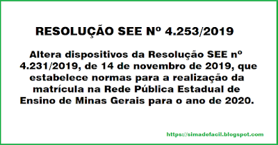 normas para a realização da matrícula na Rede Pública Estadual de Ensino de Minas Gerais para o ano de 2020.