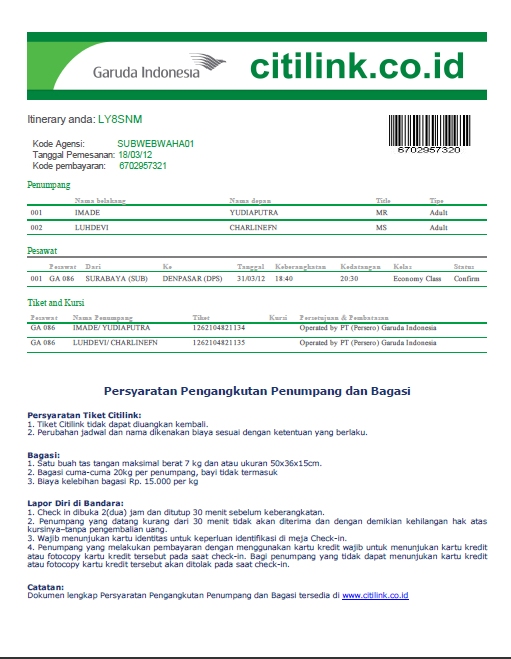 Ticketing domestik airlines - Pelangi Nusantara: Contoh 