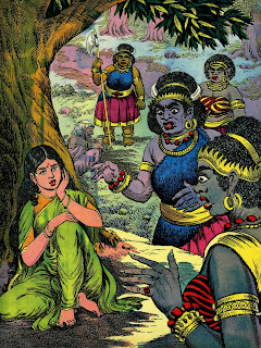 Rakshasis threatening Seetha in Ashoka garden