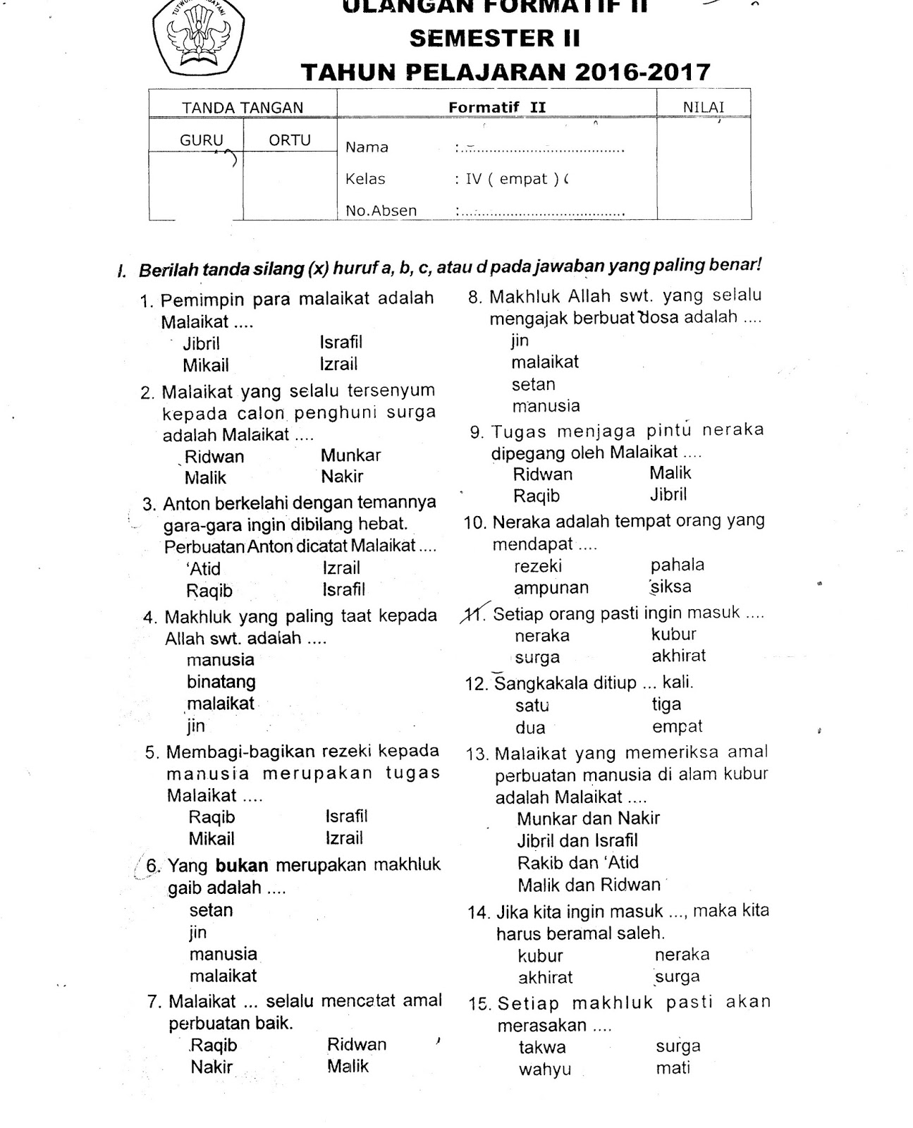 Ulangan Formatif II Agama Islam SD Kelas 4 TA 2016 2017 Semester Genap Kurikulum 2013 Halaman 1