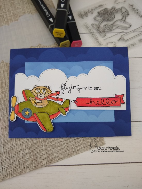 Flying by to say hello by Diane features Winston Takes Flight, Clouds, Sky Borders by Newton's Nook Designs; #newtonsnook, #inkypaws, #cardmaking, #bearcards