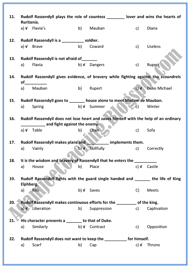 English XII - Rudolf Rassendyll - Mcqs