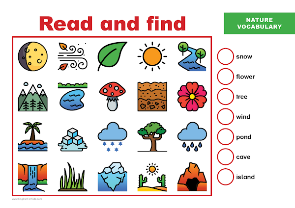 Nature vocabulary worksheet - read and find activity