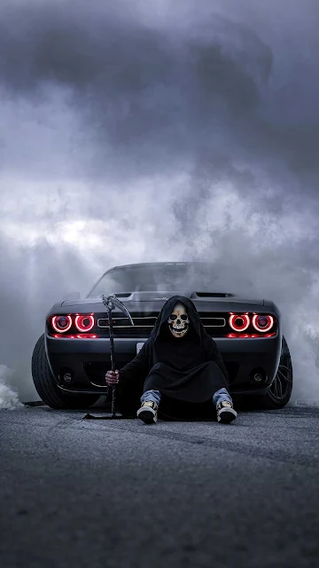 Phone Wallpaper: Sports Car, Grim Reaper Death, Smoke