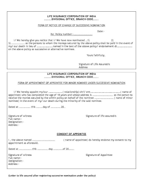LIC Forms download - LIC Nomination forms - LIC Form of Notice of Change of Successive Nomination - Form of Appointment of Appointee for Minor nominee under successive nomination