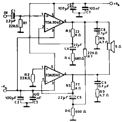 skema amplifier TDA2040 bridge