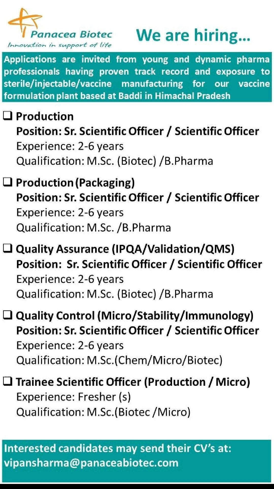 Job Availables, Panacea Biotec Job Opening For Freshers & Experienced Msc (Chem/ Micro/ Biotech)/ B.Pharma - QA/ QC/ Production Dept