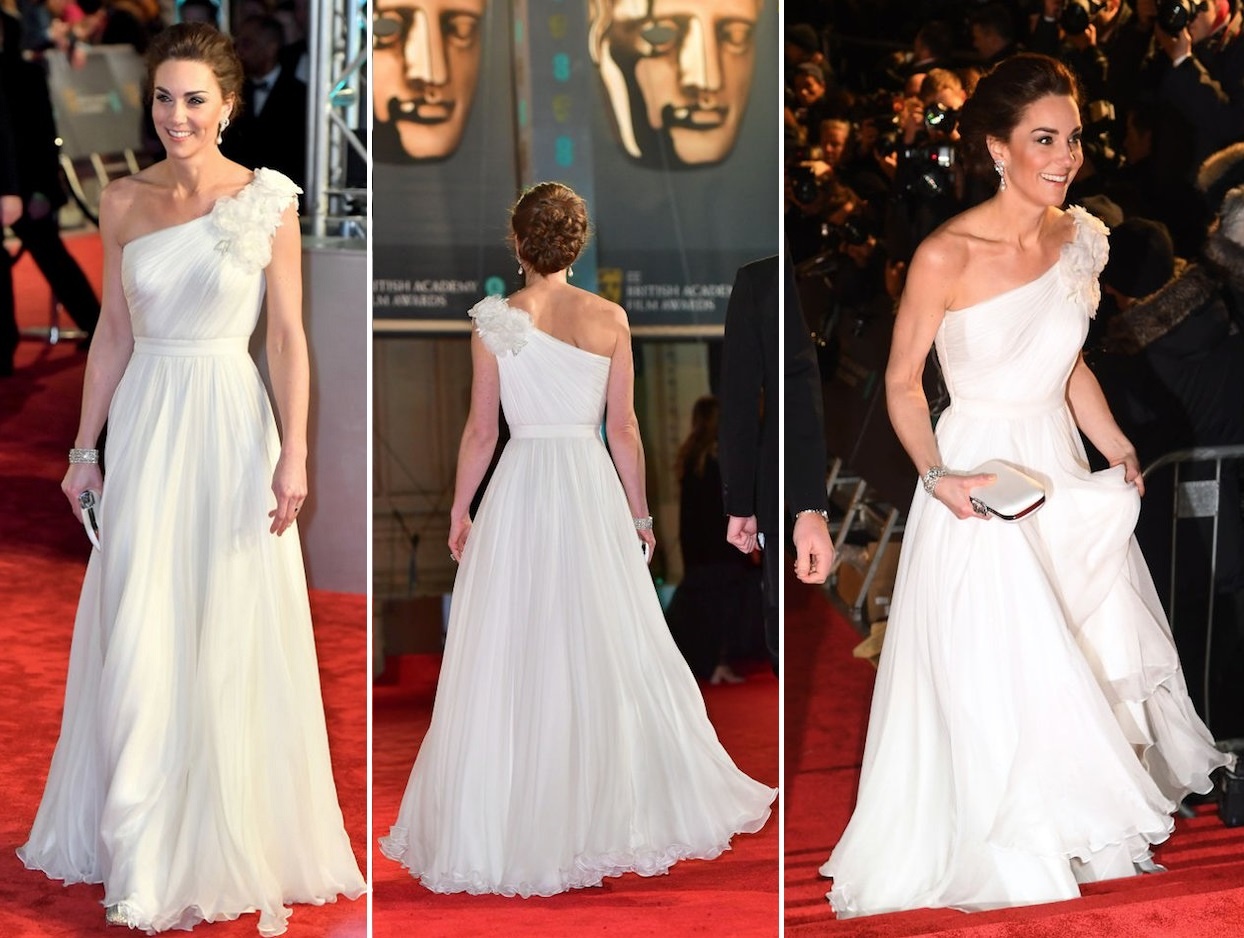 Catherine wore an ivory off-shoulder Alexander McQueen Gown to the 2019 BAFTA in February 2019.