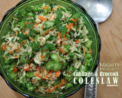 Mighty Perfect Cabbage & Broccoli Coleslaw, another easy slaw ♥ AVeggieVenture.com, colorful fresh cabbage and broccoli, cooked a little - just a little - in the microwave before adding a low-calorie vinaigrette. Cook's Illustrated Recipe. Pretty Color. Great for Meal Prep. Vegan. Gluten Free.