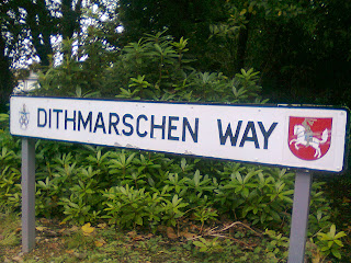 Dithmarschen Way sign in Restormel Council Offices, Cornwall