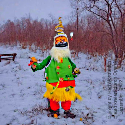 Durch AI, KI kreierte Schneelandschaft mit einer Bank im Hintergrund. Eine bunte Weihnachtsmann Figur schaut frontal den Betrachter an. Grüner Joppen, rote Hose und darüber ein tiefer gerutschtes Baströckchen. Auf dem Kopf trägt er einen kleinen Tannenbaum mit einer Girlande. In Händen hält er undefinierbare kleine Gegenstände. Seine untere Gesichtshälfte ist schwarz.