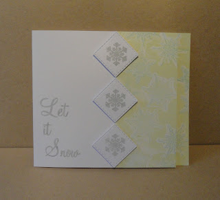 Christmas card with green and blue snowflake pattern on right and Let it Snow sentiment