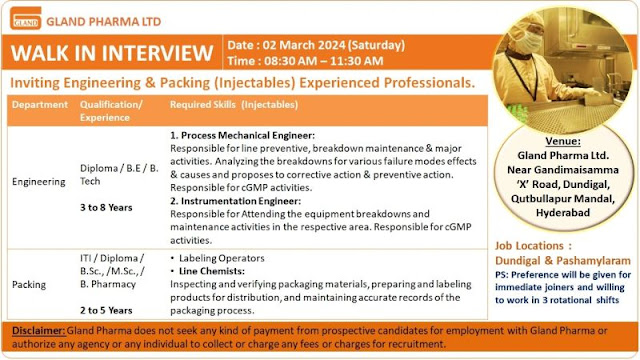 Gland Pharma Interview For Packing and Engineering Dept