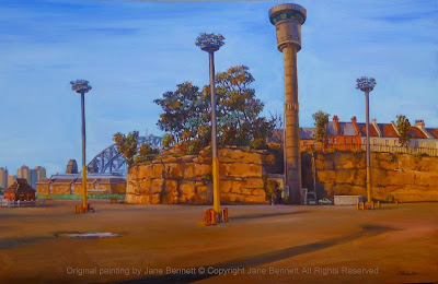 Plein air painting of the Harbour Control Tower from Barangaroo by industrial heritage artist Jane Bennett