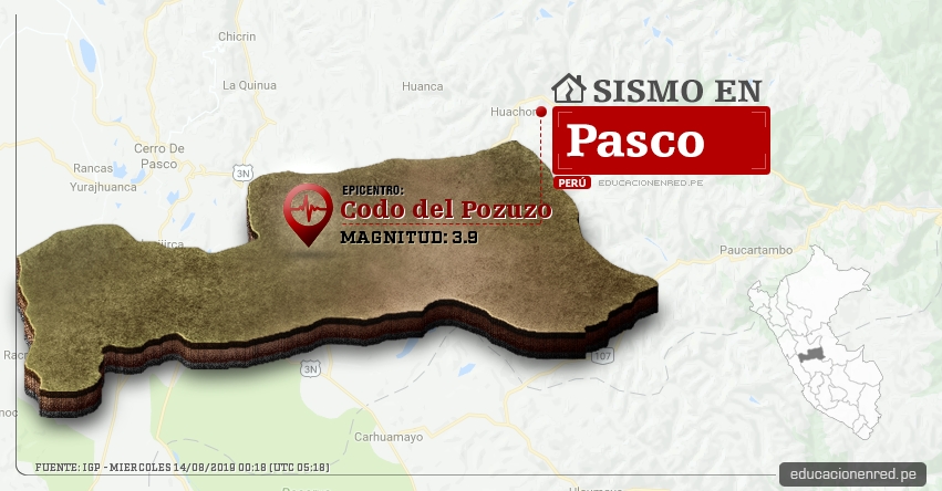 Temblor en Pasco de Magnitud 3.9 (Hoy Miércoles 14 Agosto 2019) Sismo - Epicentro - Codo del Pozuzo - Oxapampa - IGP - www.igp.gob.pe