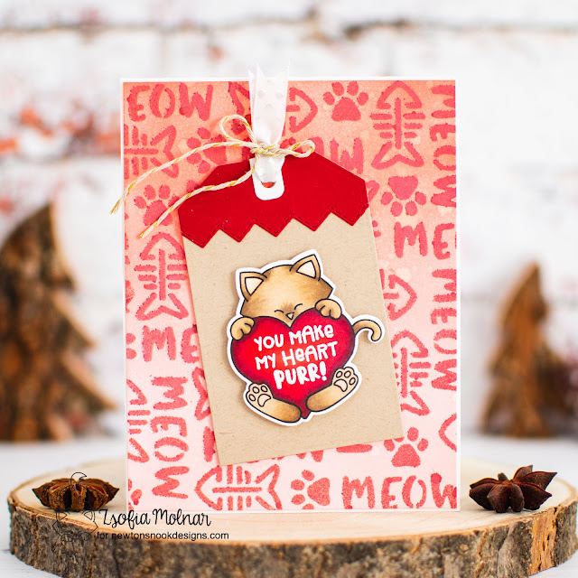 Valentine Cat Card by Samantha Mann | Newton's Heart Stamp Set, Fancy Edges Tag Die Set, and Meow Stencil by Newton's Nook Designs