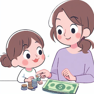 A mother teaching her child about money management