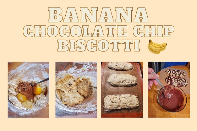 this is a collage on how to make banana chocolate chip biscotti