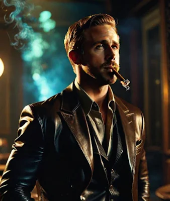 Ryan Reynolds smoking a cigar wearing a dark brown leather blazer