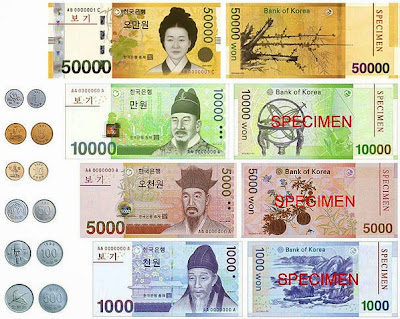 South Korean Won bills and coins.