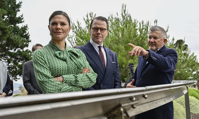 Crown Princess Victoria wore a green Olga salvar parakeet printed pussy bow dress by Dea Kudibal. Gianvito Rossi