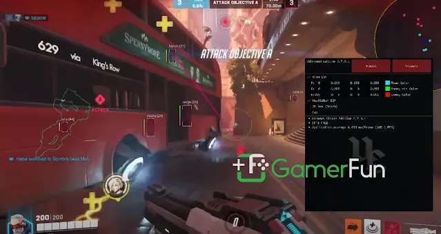 Overwatch game screenshot with AIM-ESP cheat features highlighted