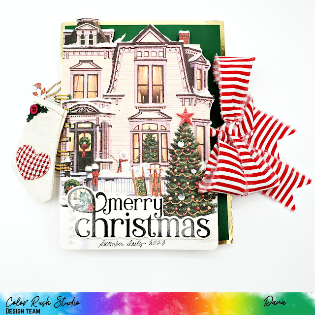 Dana Tatar shares her December Daily Mini Album cover design and festive inner pages created from upcycled Christmas cards for Color Rush Studio.