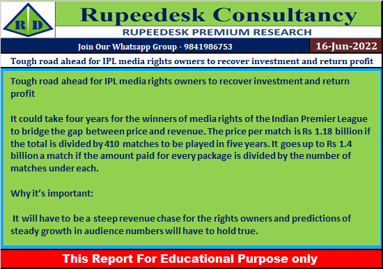 Tough road ahead for IPL media rights owners to recover investment and return profit - Rupeedesk Reports - 16.06.2022