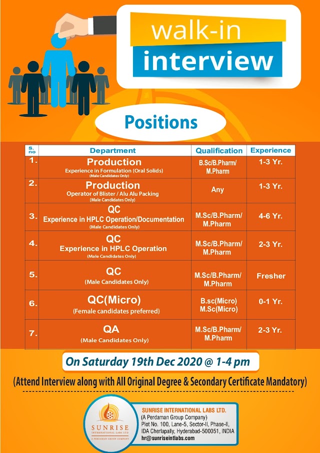 Sun Rise Labs | Walk-in interview for Production/Qc/QA on 19th Dec 2020