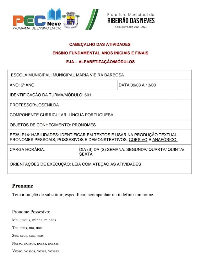 Atividade de Língua Portuguesa 6 Ano - 09/08 a 13/08 -  Professora Josenilda