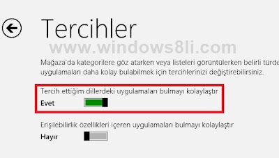 windows 8 mağaza tercihler