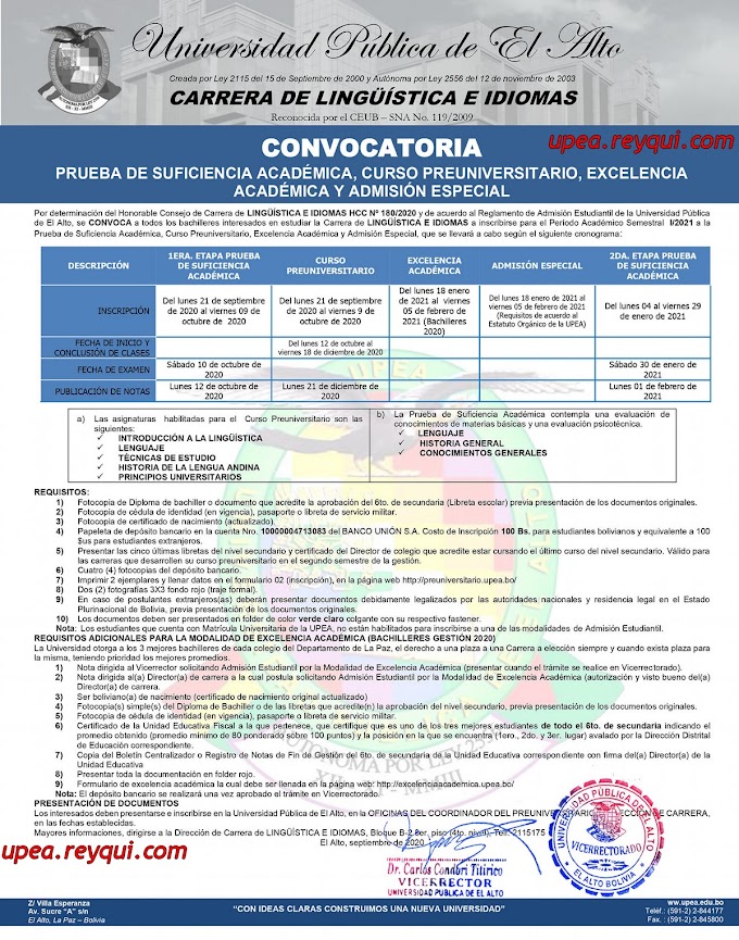 Lingüística e Idiomas UPEA I/2021: Convocatoria a la Prueba de Suficiencia Académica, Curso Preuniversitario, Excelencia Académica y Admisión Especial