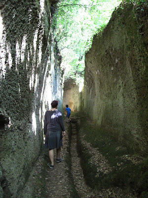 Shaded canyon of the San Rocco Via Cava near Sorano, Tuscany, Italy