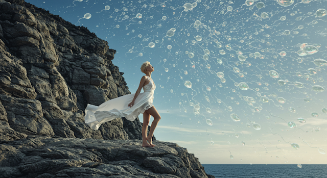 A woman in a flowing white dress stands on a rocky cliff, gazing at the ocean as ethereal bubbles float through the sky, symbolizing the science and beauty of slowing the aging process.